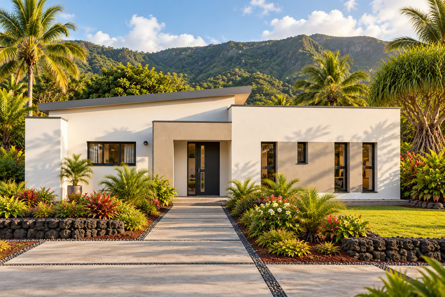Après : villa blanche terminée, allée et jardin tropical, montagnes en arrière-plan